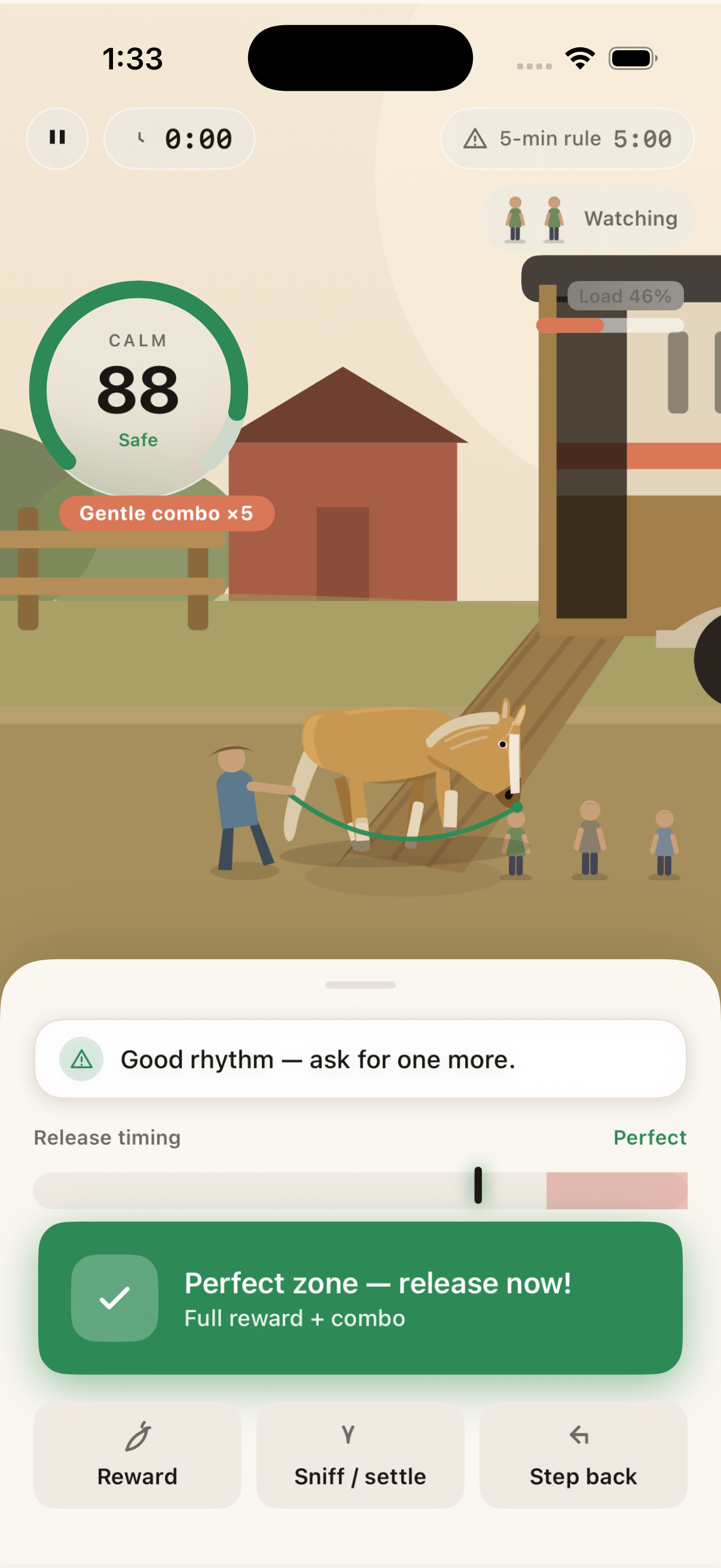 Load Up gameplay — reading a calm horse and timing the release to load it