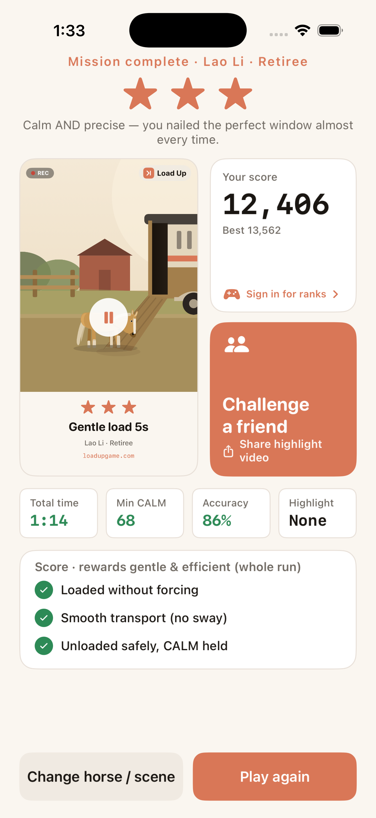 Load Up results screen — stars for a gentle, efficient run
